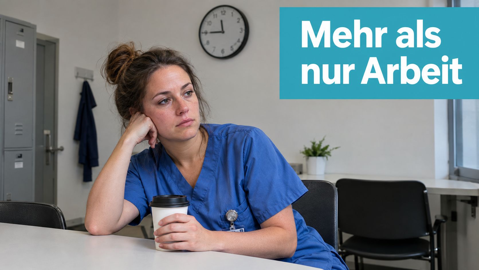 Eine erschöpfte Krankenschwester in blauer Arbeitskleidung ruht sich in einer Pause mit einem Kaffeebecher aus.