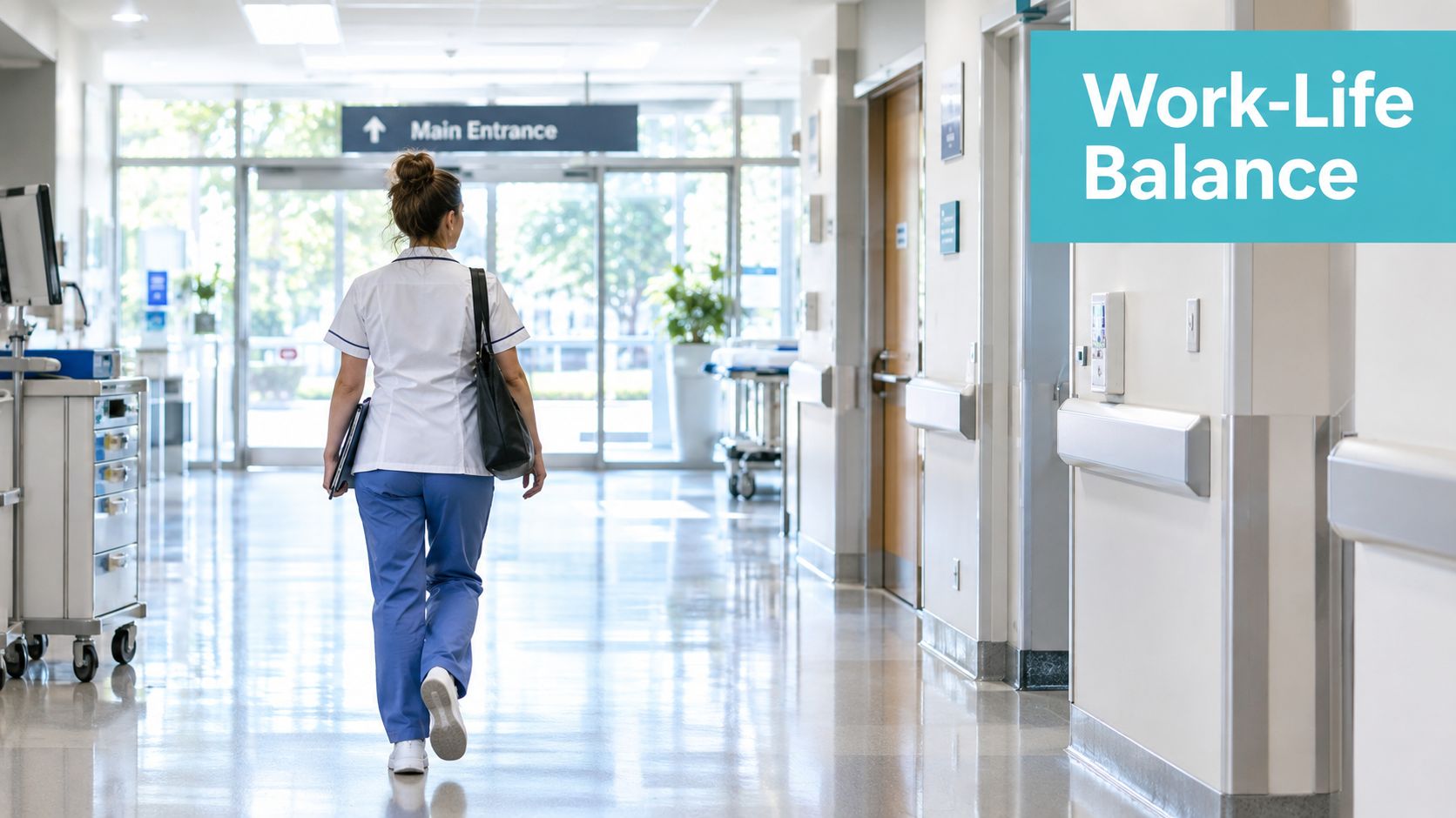 Eine Krankenschwester läuft durch einen Krankenhausflur in Richtung des Haupteingangs und trägt ihre Tasche und Unterlagen.