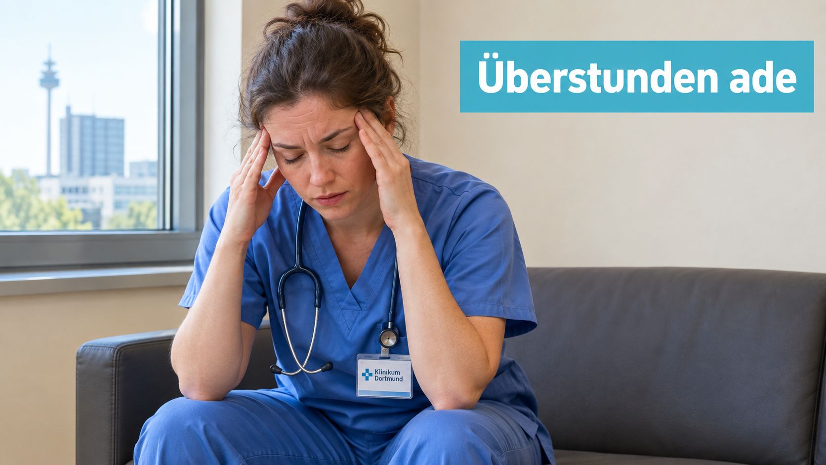 Eine erschöpfte Krankenschwester sitzt mit Kopfschmerzen auf einem Sofa im Krankenhaus vor einem Fenster mit Stadtblick.
