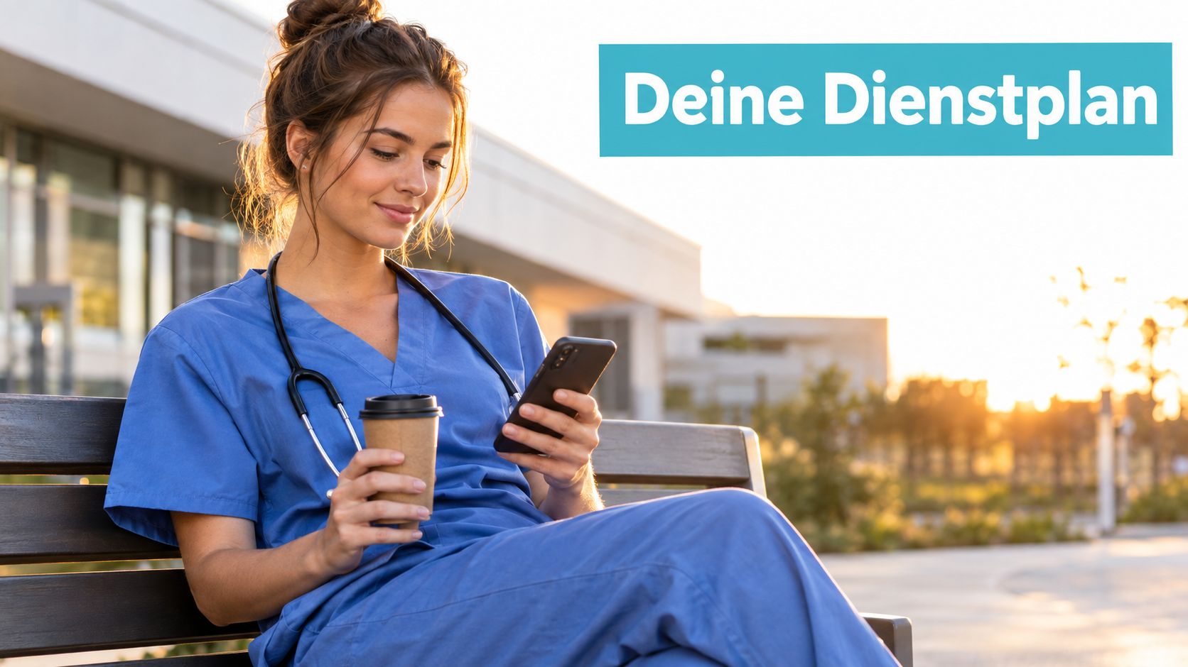 Eine Krankenschwester in blauer Arbeitskleidung sitzt auf einer Parkbank, trinkt Kaffee und schaut auf ihr Smartphone.
