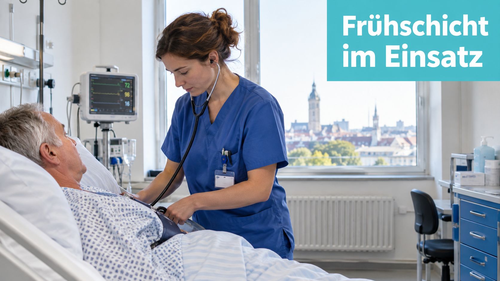 Eine Pflegekraft in blauer Arbeitskleidung misst bei einem Patienten im Krankenhausbett den Blutdruck während der Frühschicht.