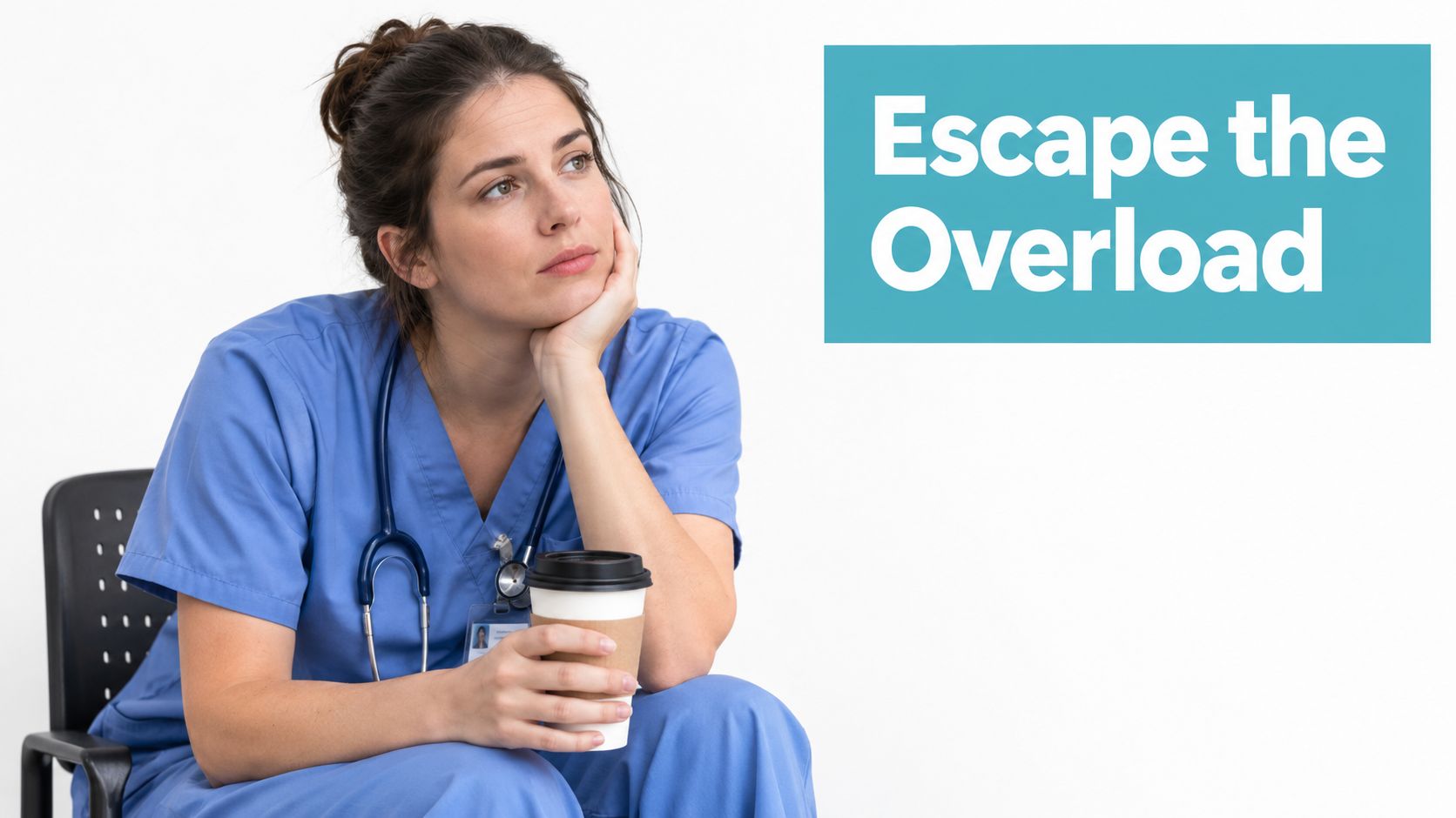 Eine erschöpfte Krankenschwester mit Stethoskop und einem Kaffeebecher sitzt nachdenklich vor einem Text mit der Aufschrift Escape the Overload.