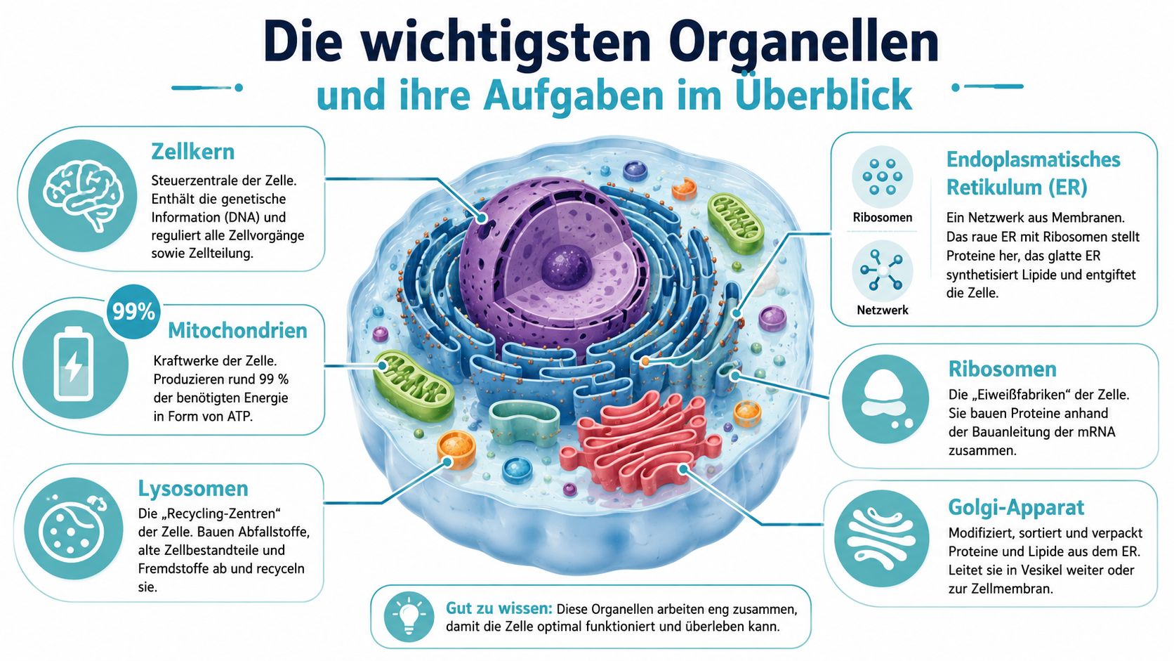 Eine anschauliche Infografik zeigt die wichtigsten Zellorganellen einer Zelle und beschreibt deren jeweilige biologische Funktionen und Aufgaben.
