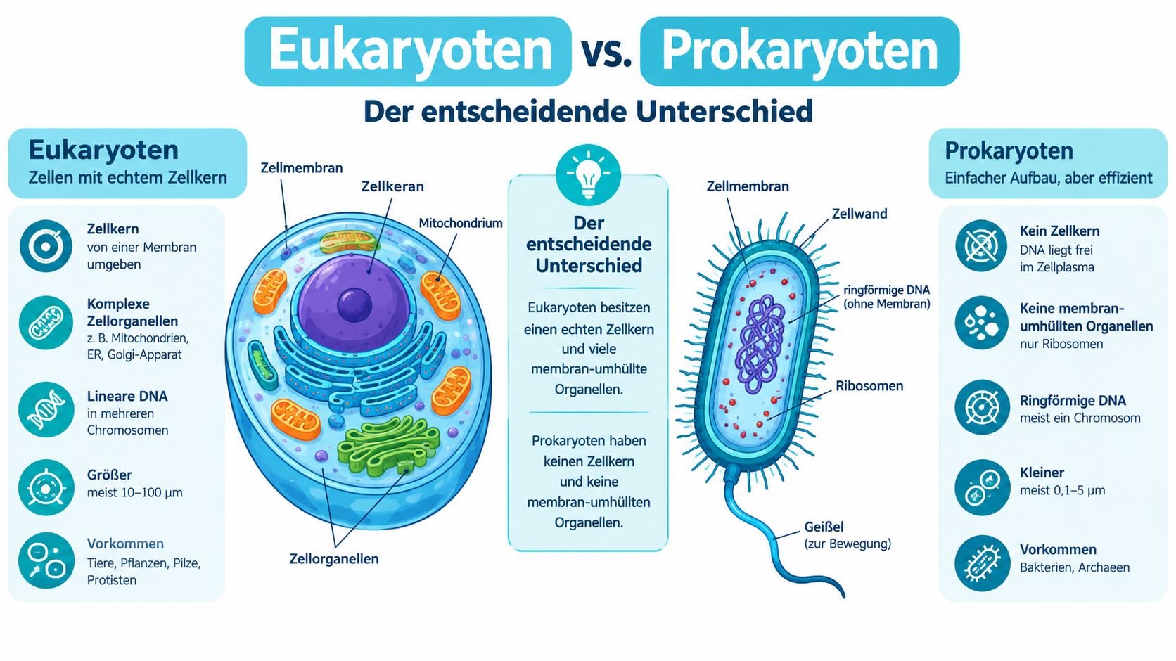 Vergleichsgrafik zwischen eukaryotischen Zellen mit Zellkern und prokaryotischen Zellen ohne Zellkern zur biologischen Veranschaulichung.