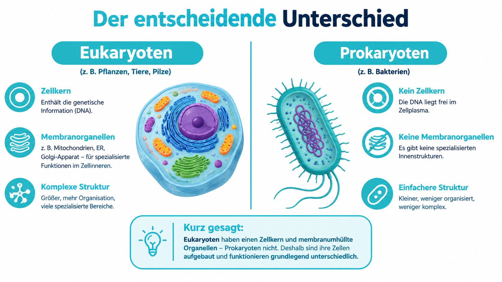Vergleichsgrafik zwischen Eukaryoten und Prokaryoten, die Unterschiede in Zellkern, Organellen und Zellstruktur schematisch darstellt.