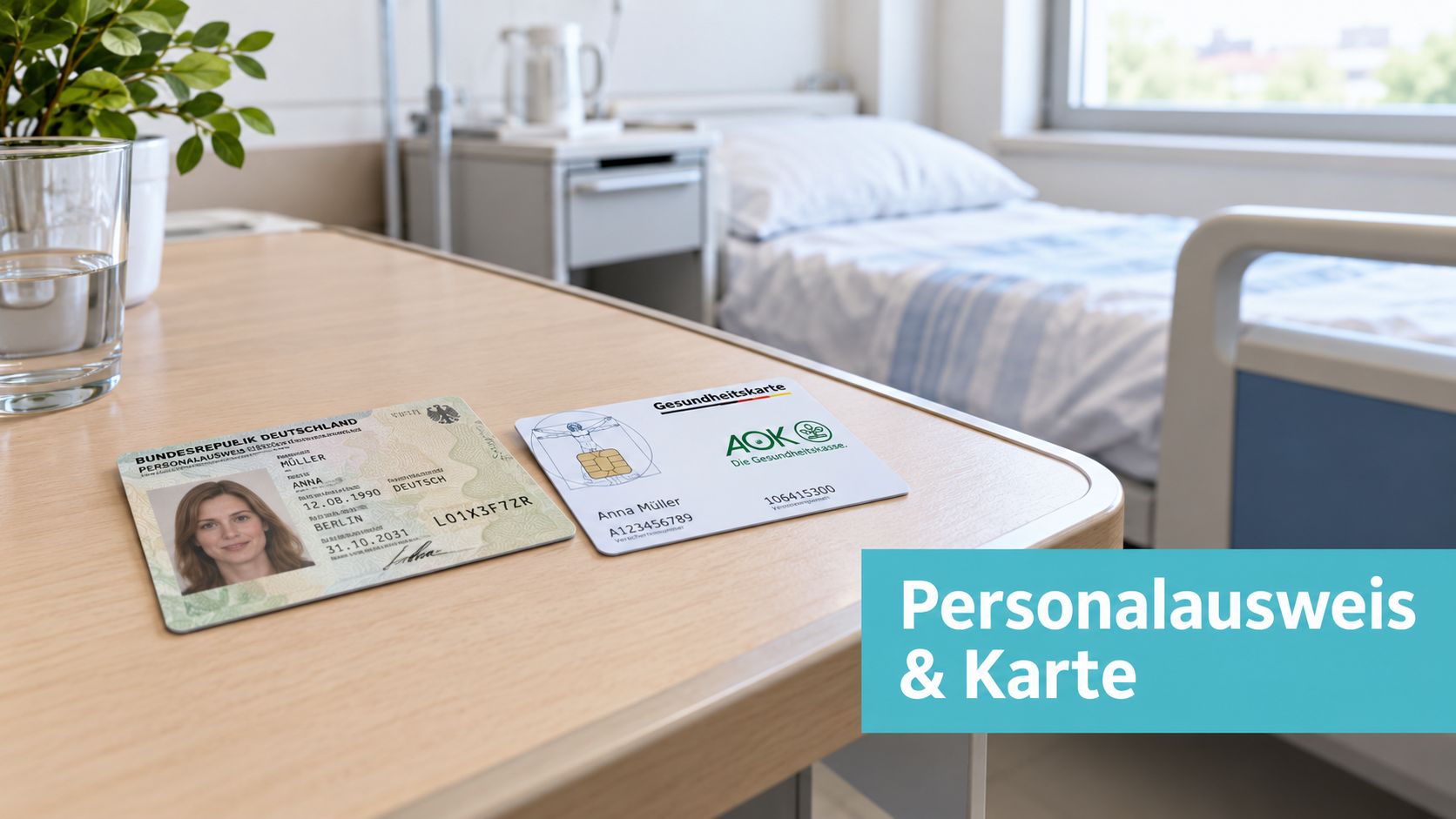Ein deutscher Personalausweis und eine AOK-Gesundheitskarte liegen auf einem Holztisch in einem Krankenhauszimmer bereit.