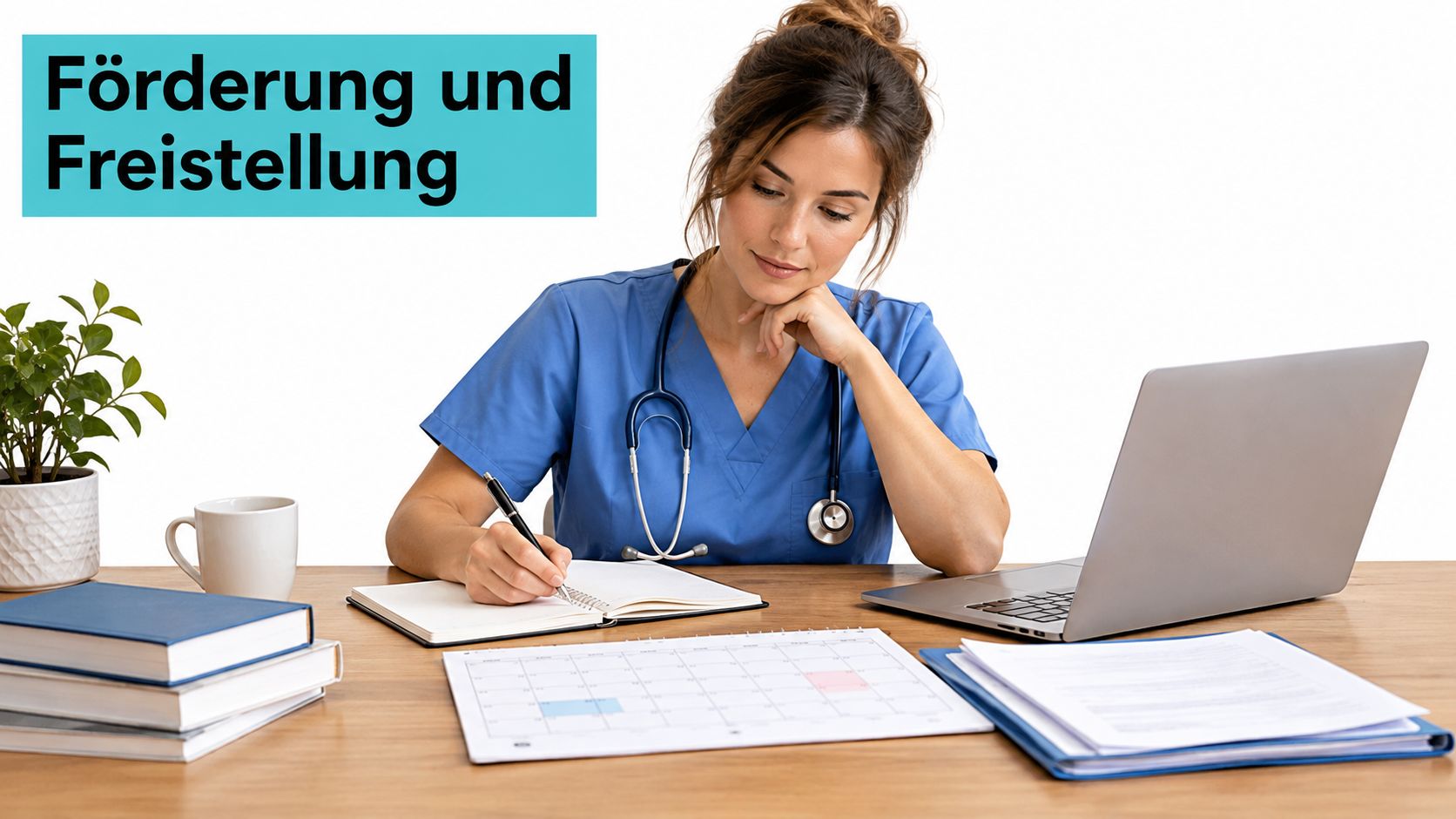 Eine Krankenschwester sitzt am Schreibtisch, schreibt in ein Notizbuch und plant ihre berufliche Weiterbildung mit einem Kalender.