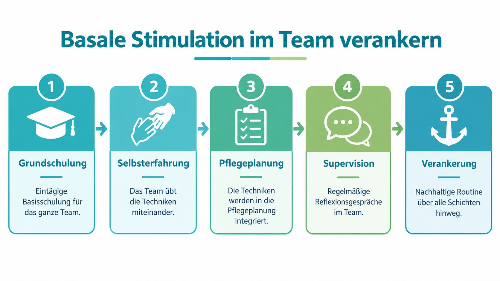 Eine fünfstufige Grafik zur Implementierung von Basaler Stimulation im Pflegeteam mit erläuternden Schritten von der Schulung bis zur Verankerung.