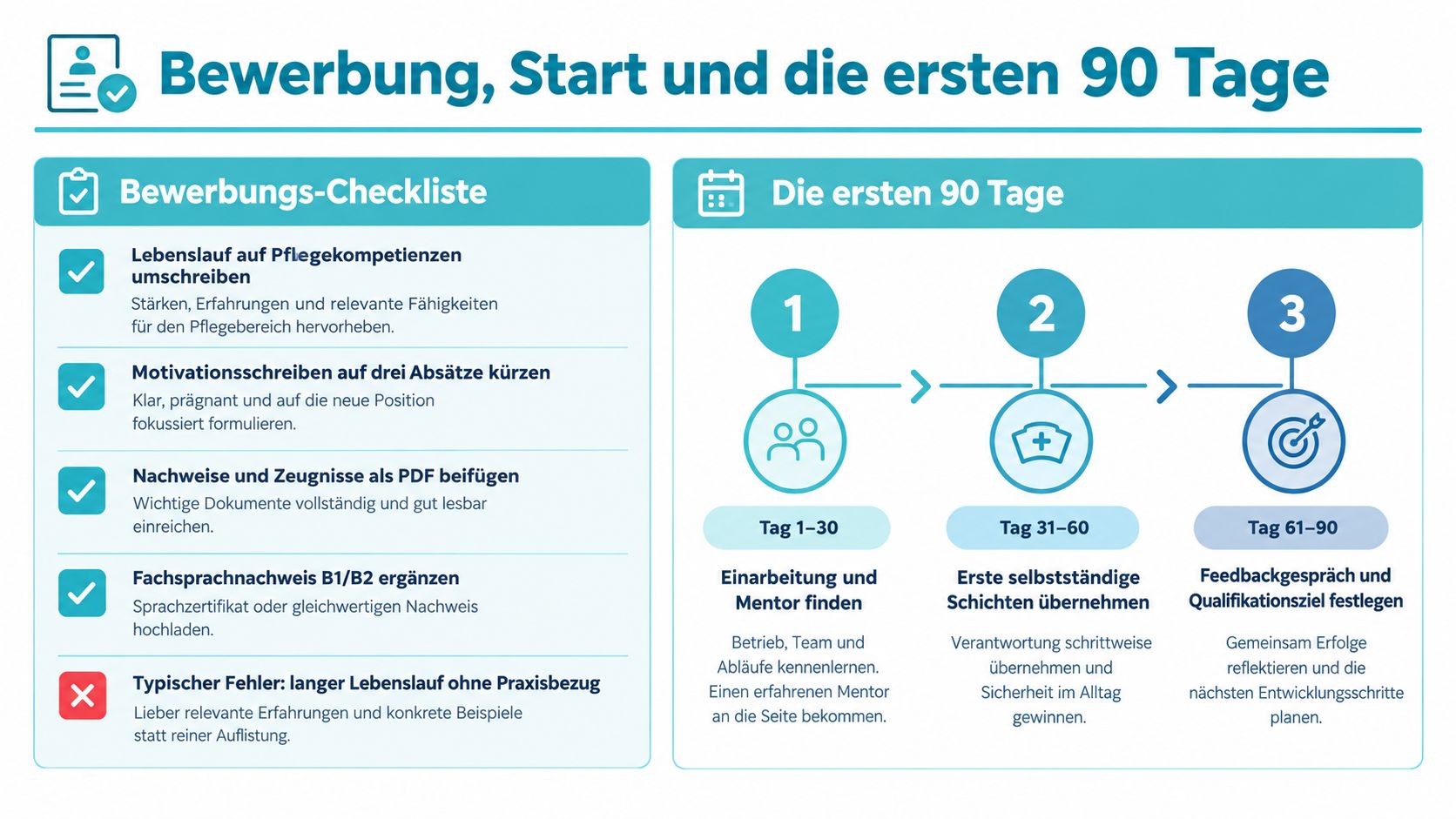 Eine Infografik zur Bewerbung und den ersten 90 Tagen für Quereinsteiger in Gesundheitsberufen mit hilfreichen Checklisten.