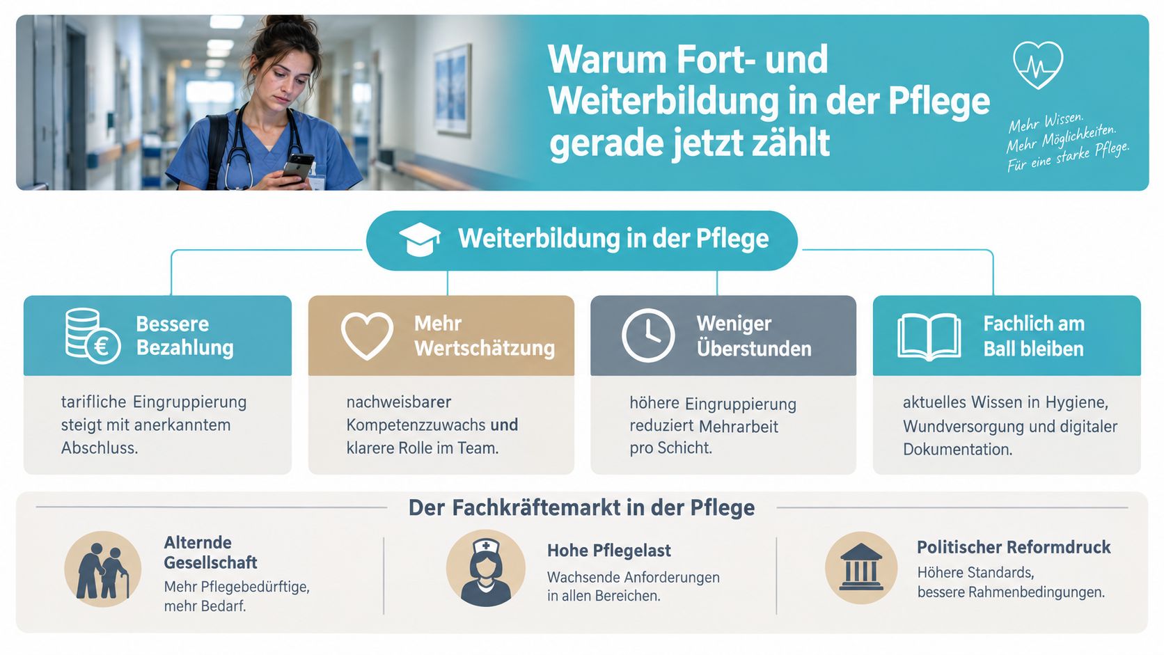 Infografik zur Bedeutung von Fort- und Weiterbildungen in der Pflegebranche mit motivierenden Vorteilen und aktuellen Marktherausforderungen.
