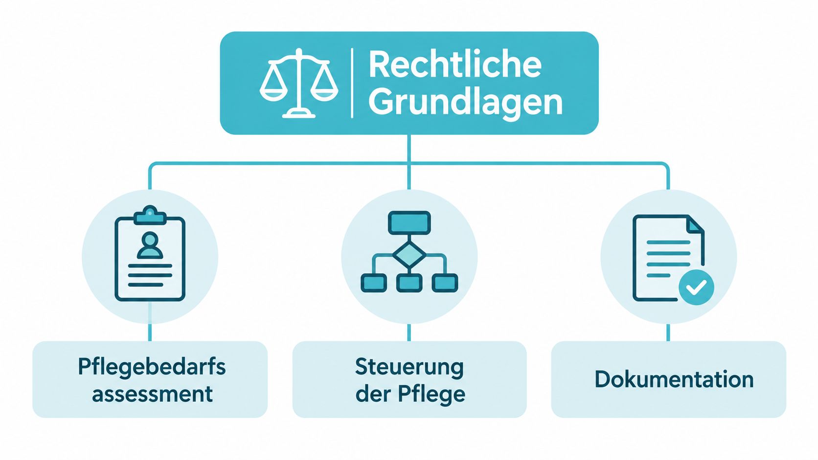 Grafik zur Darstellung der rechtlichen Grundlagen mit den Bereichen Pflegebedarfsassessment, Steuerung der Pflege und Dokumentation in der Pflege.