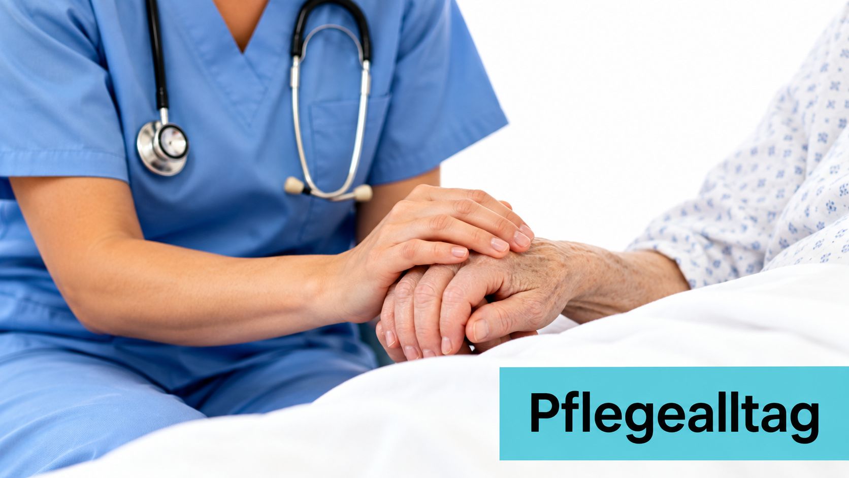 Eine Pflegekraft in blauer Kleidung hält tröstend die Hand eines älteren Patienten im Krankenhausbett.