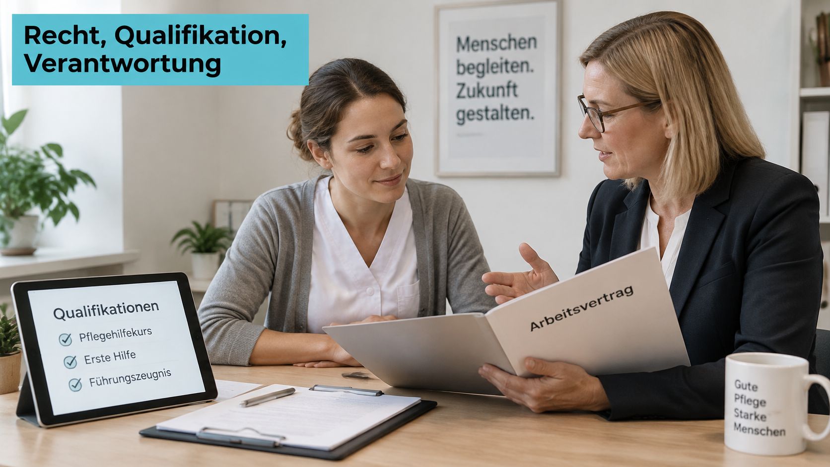 Zwei Frauen sitzen bei einem Beratungsgespräch an einem Tisch, besprechen einen Arbeitsvertrag und sehen ein Tablet an.