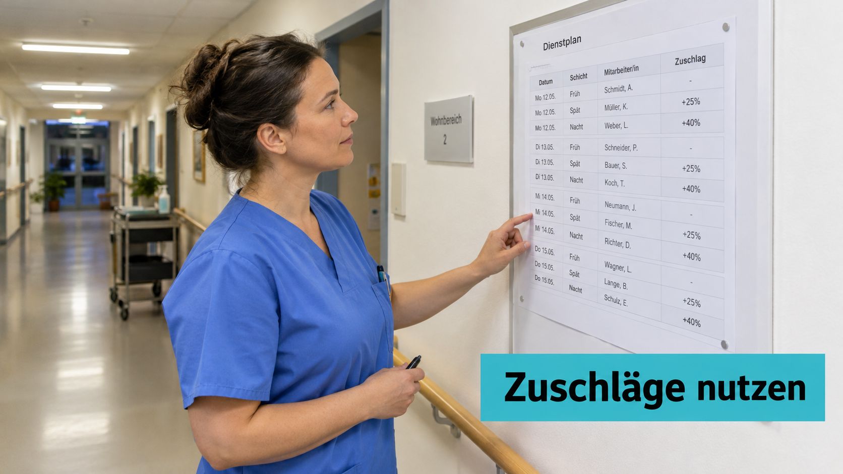 Eine Altenpflegerin betrachtet einen Dienstplan an der Wand, um ihre Arbeitszeiten und Zuschläge besser zu planen.