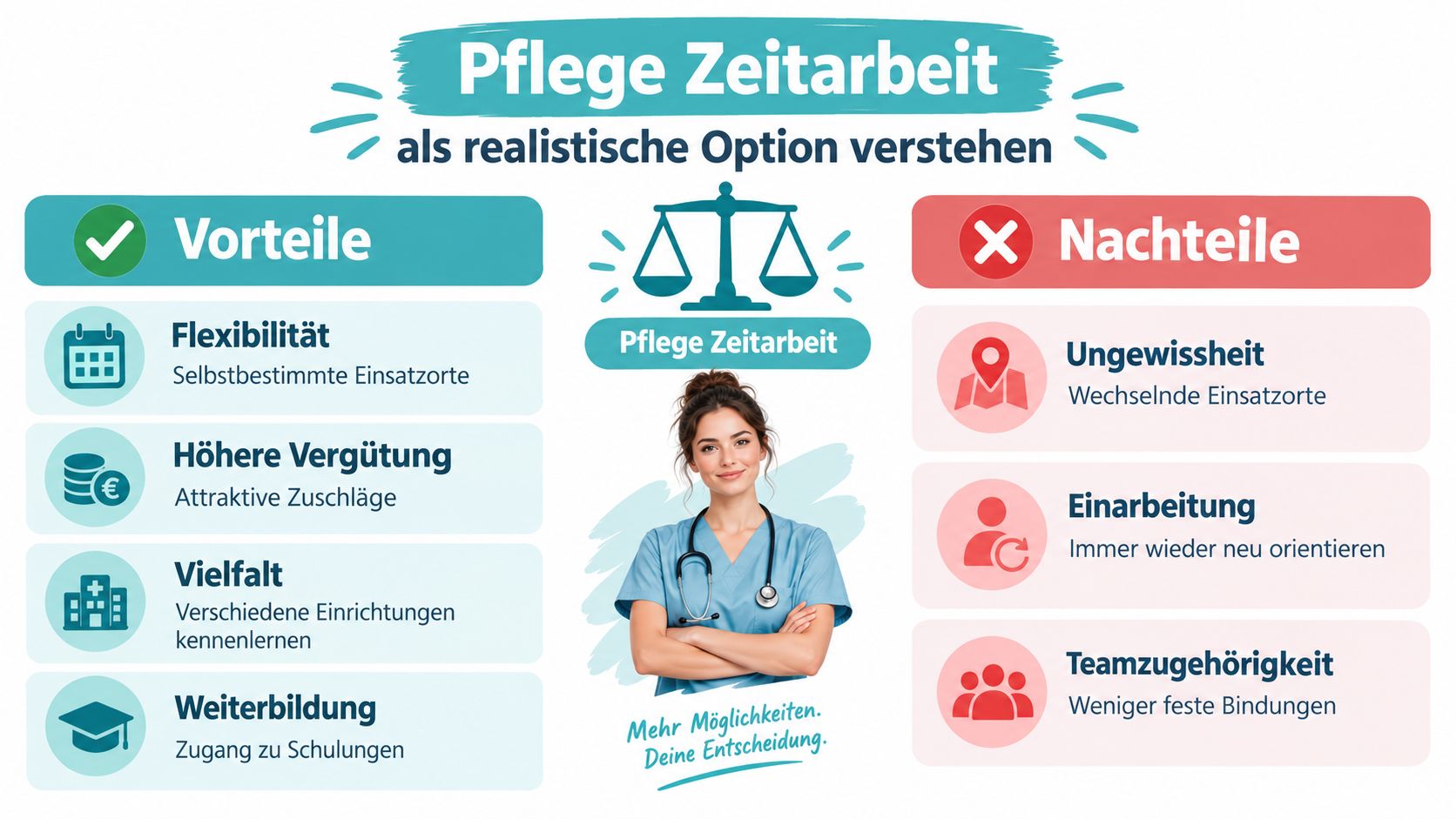 Eine Infografik über die Vor- und Nachteile von Zeitarbeit in der Pflege für medizinisches Fachpersonal.