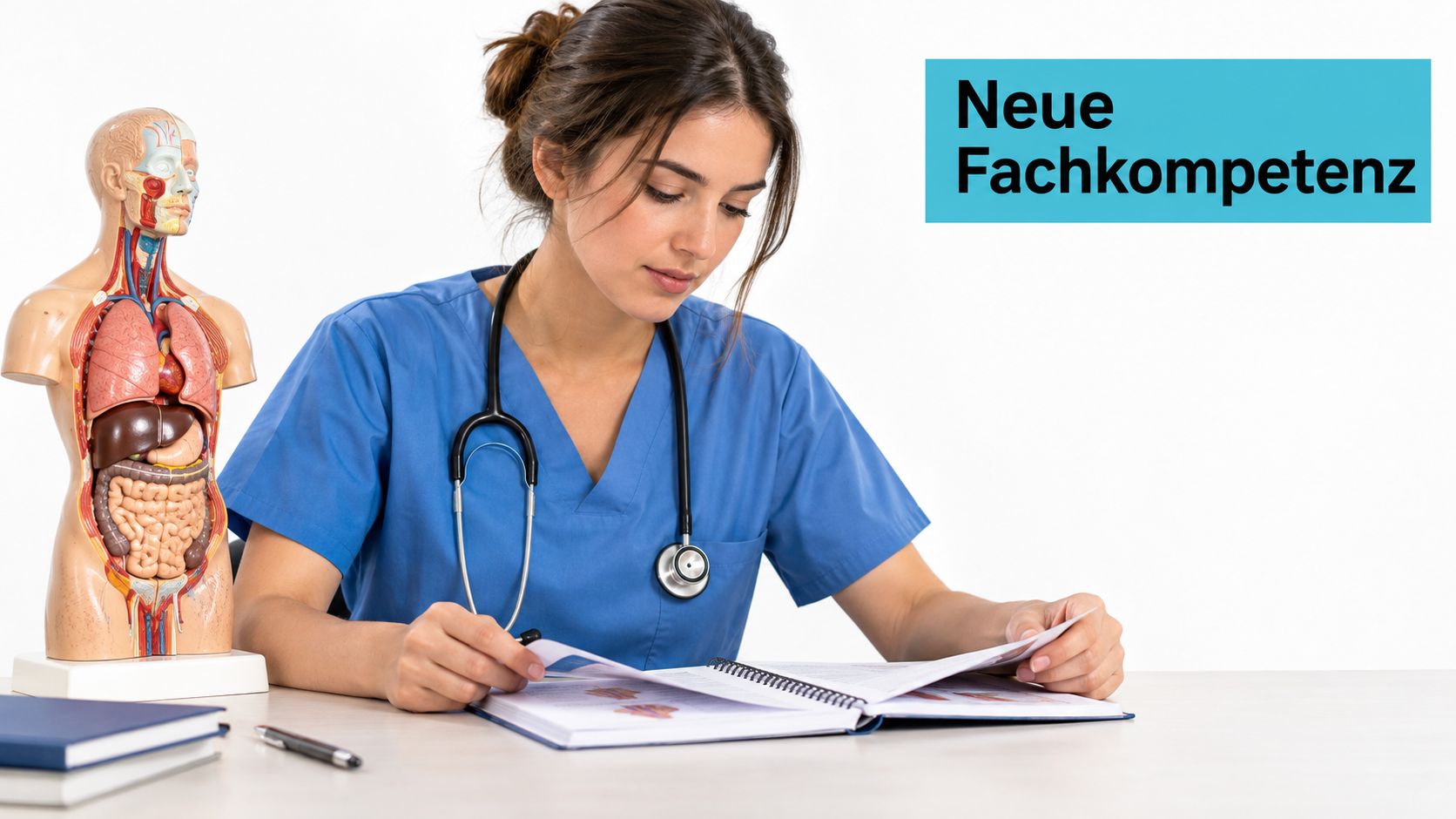 Eine medizinische Fachkraft in blauer Kleidung liest in einem medizinischen Lehrbuch neben einem anatomischen Modell des menschlichen Körpers.