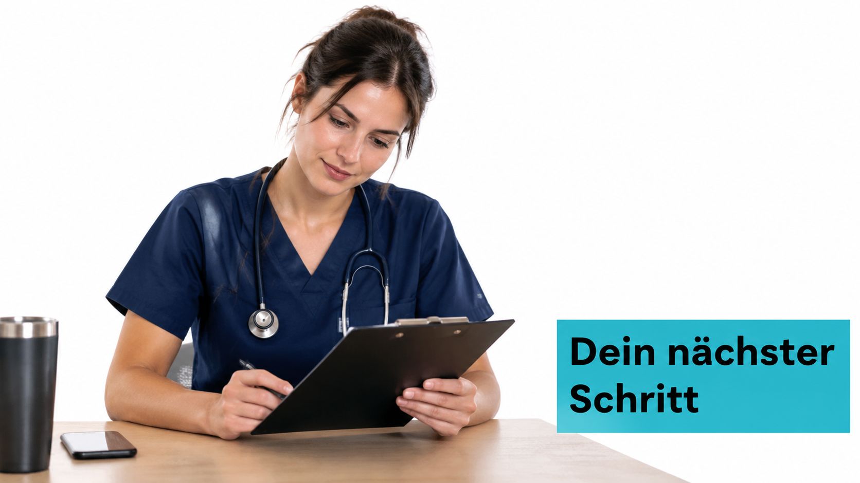 Eine konzentrierte Krankenschwester in blauer Arbeitskleidung schreibt Notizen auf ein Klemmbrett an einem Schreibtisch.