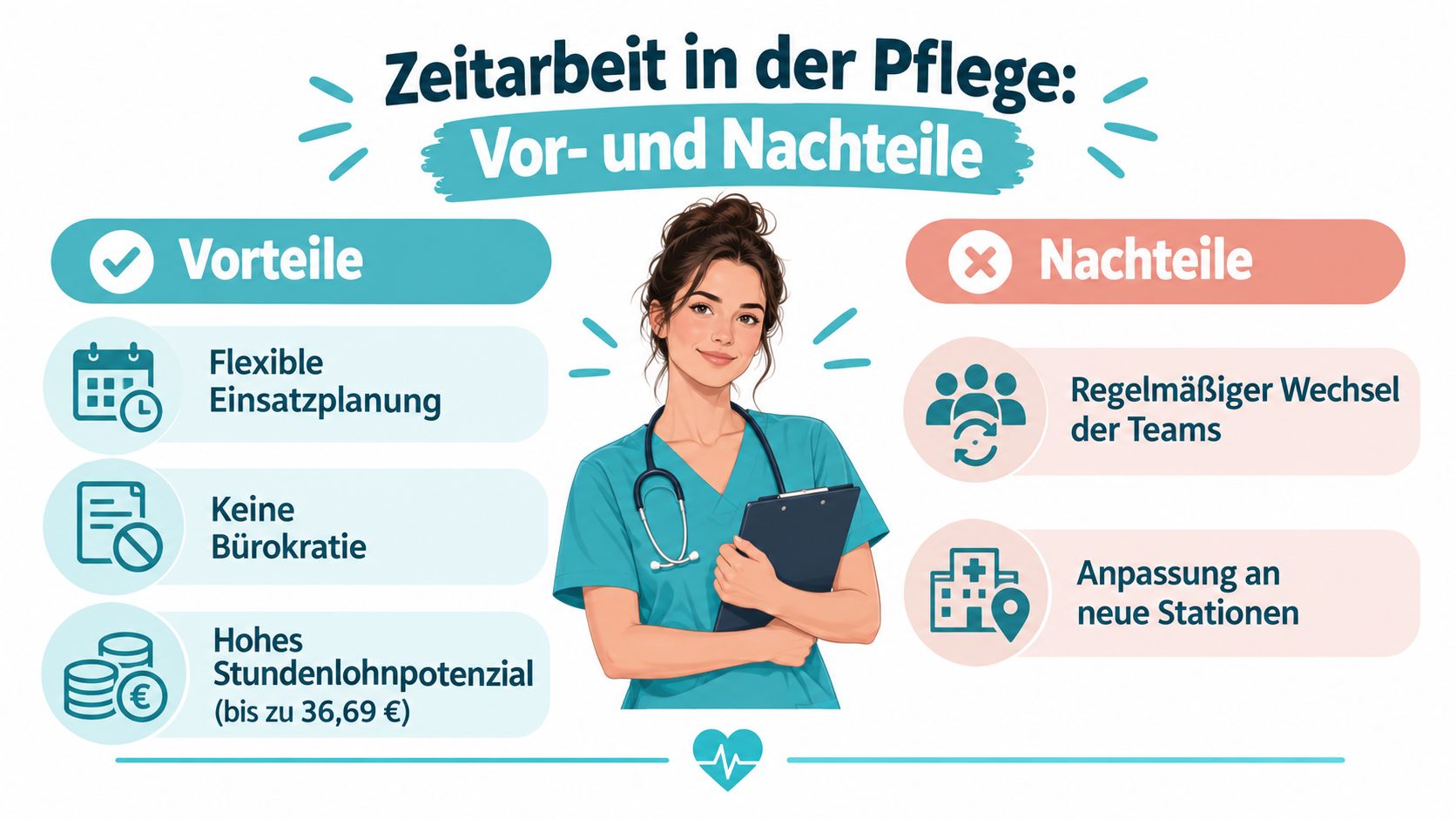Eine Infografik zur Zeitarbeit in der Pflege, die Vor- und Nachteile übersichtlich darstellt.