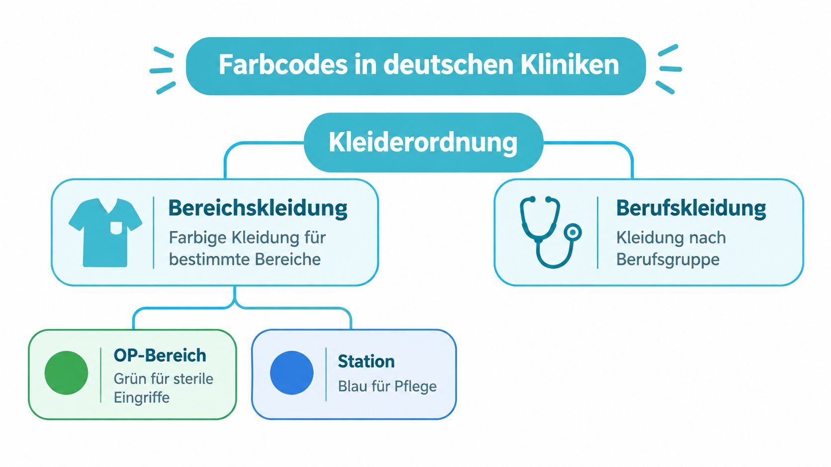 Infografik zur Kleiderordnung in deutschen Kliniken, unterteilt in Bereichskleidung für Stationen und OP sowie allgemeine Berufskleidung.