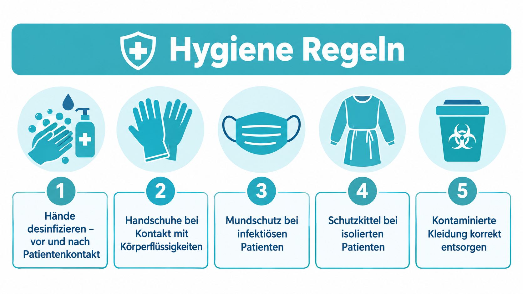 Infografik mit fünf Hygiene-Regeln für medizinisches Personal im Krankenhaus, dargestellt durch Piktogramme und deutschen Kurztexten.