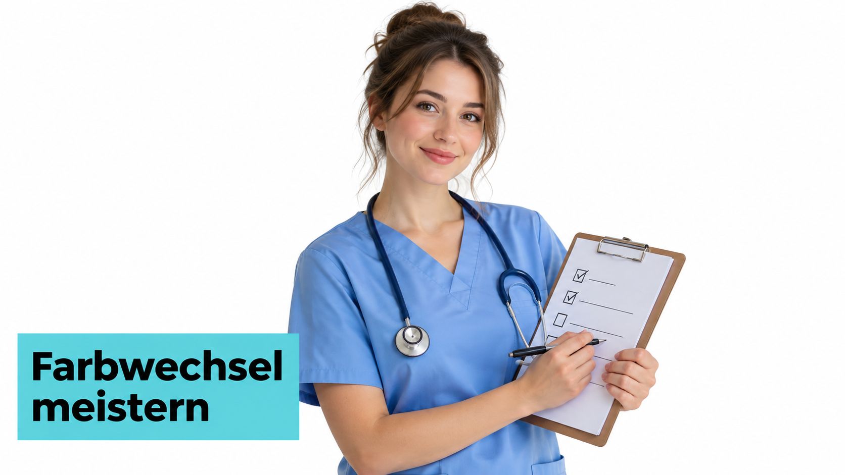 Eine junge Krankenschwester in blauer Uniform hält ein Klemmbrett mit einer Checkliste und lächelt freundlich in die Kamera.