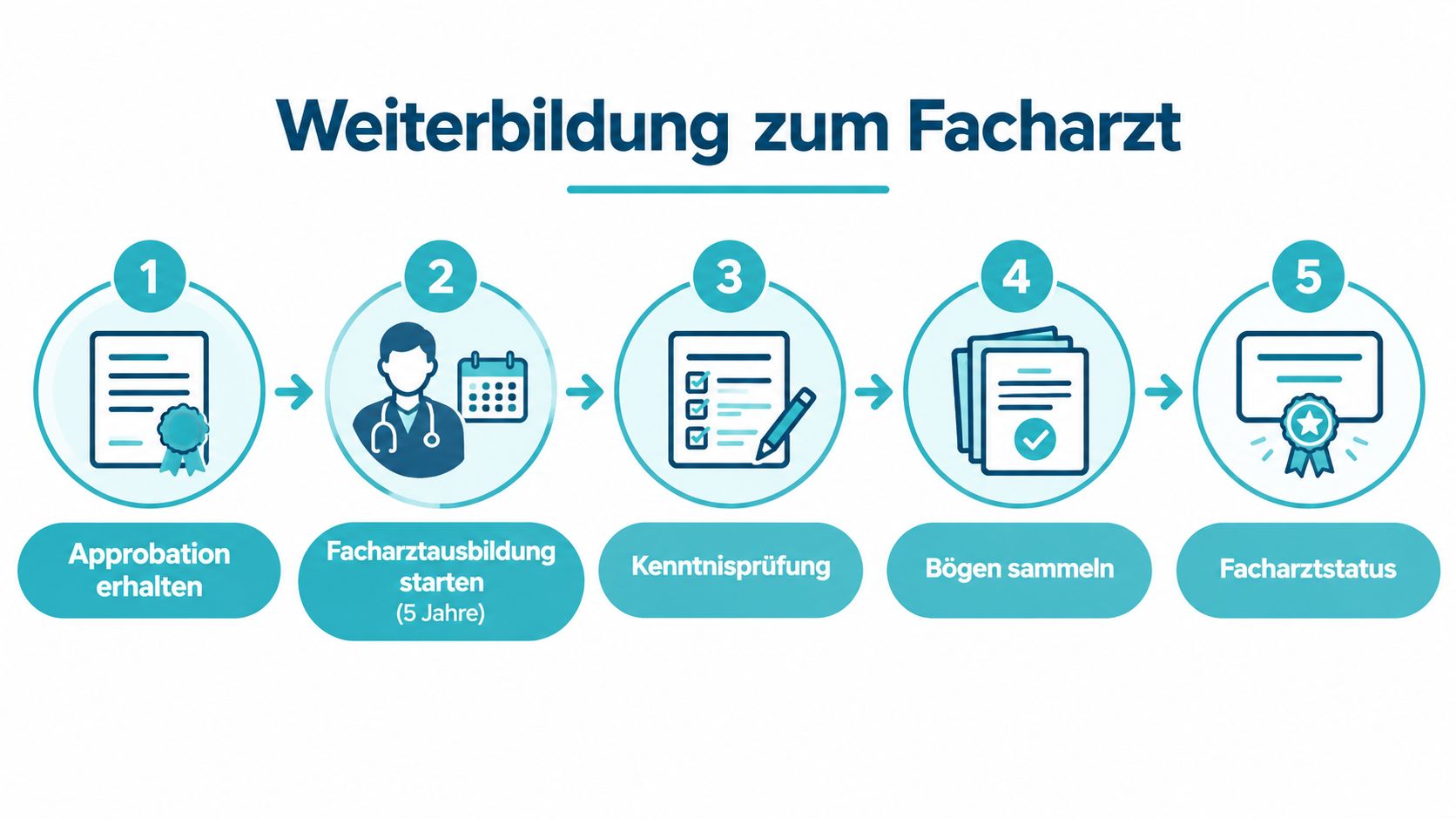 Eine Infografik, die die fünf Schritte der Weiterbildung zum Facharzt von der Approbation bis zum Facharztstatus zeigt.