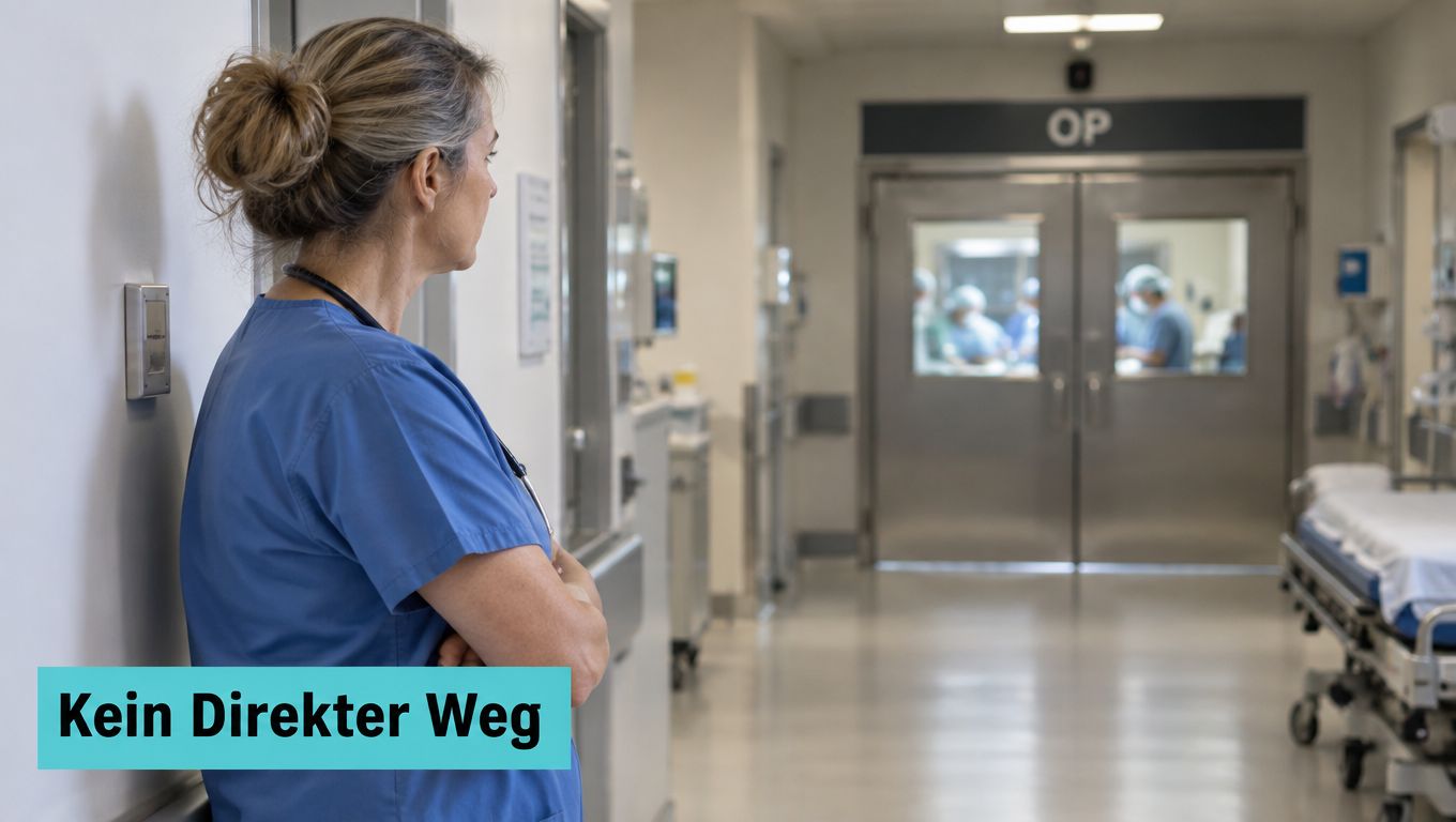 Eine Krankenschwester schaut besorgt auf die Operationstür im Flur eines Krankenhauses während ihrer Arbeit in der Klinik.