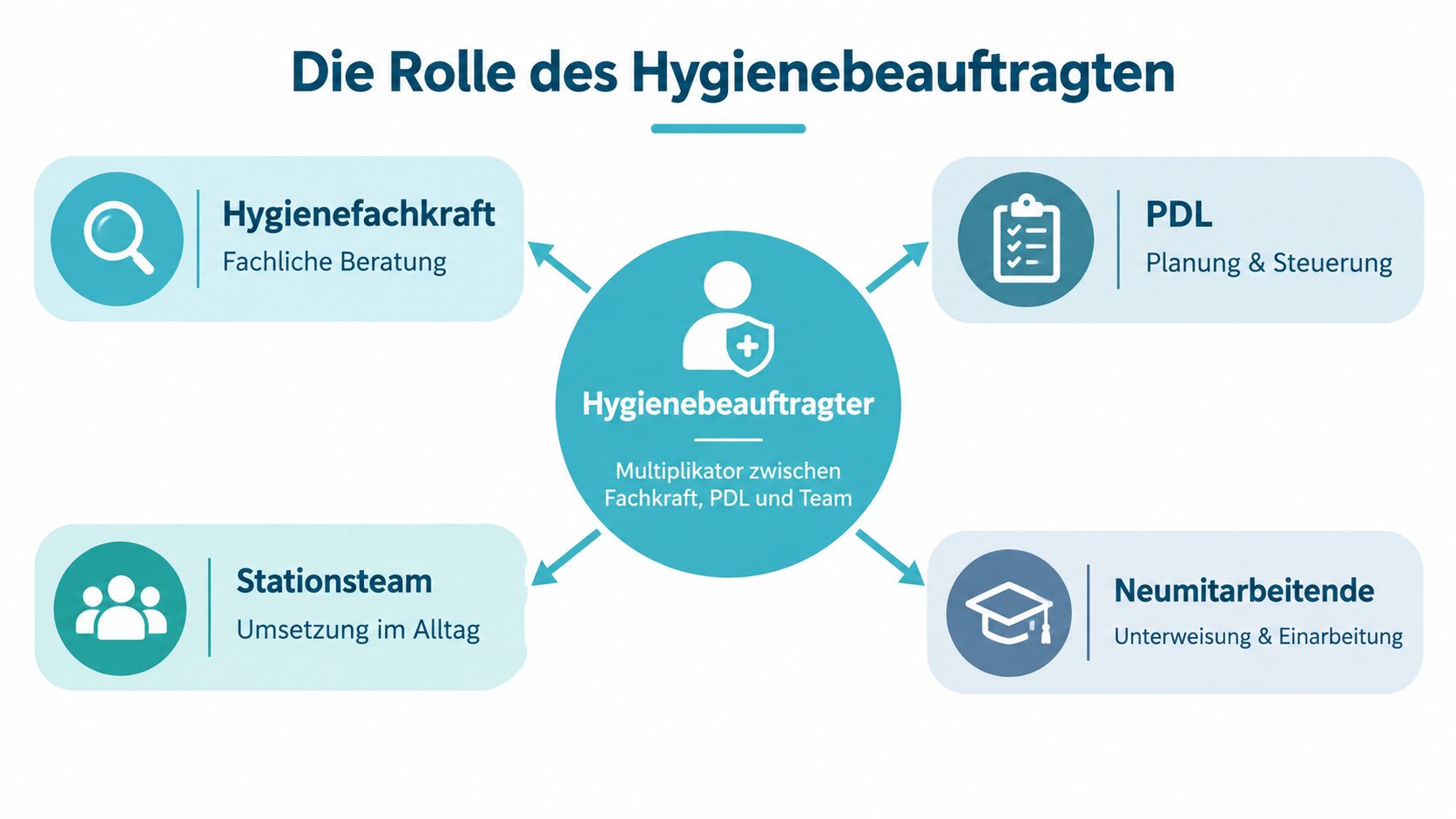 Grafik zur Rolle des Hygienebeauftragten in der Pflege und deren Schnittstellen zu Fachkraft, PDL, Team und Mitarbeitern.