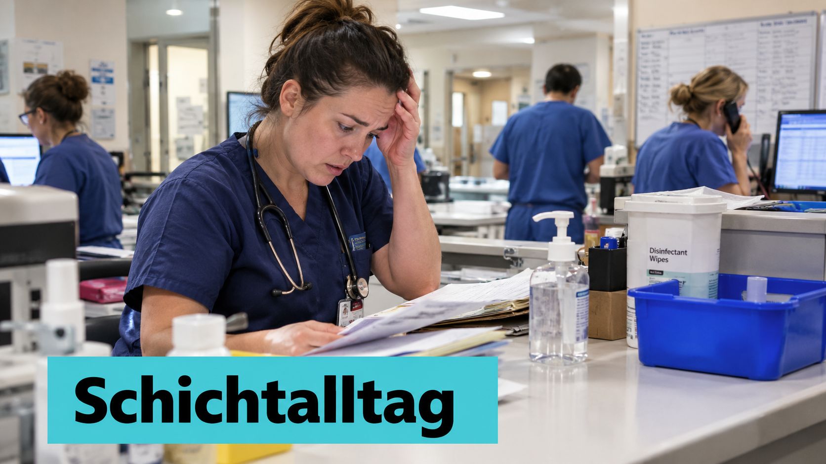 Eine gestresste Krankenschwester liest konzentriert Patientenunterlagen an ihrem Arbeitsplatz im Krankenhaus mit Kollegen im Hintergrund.