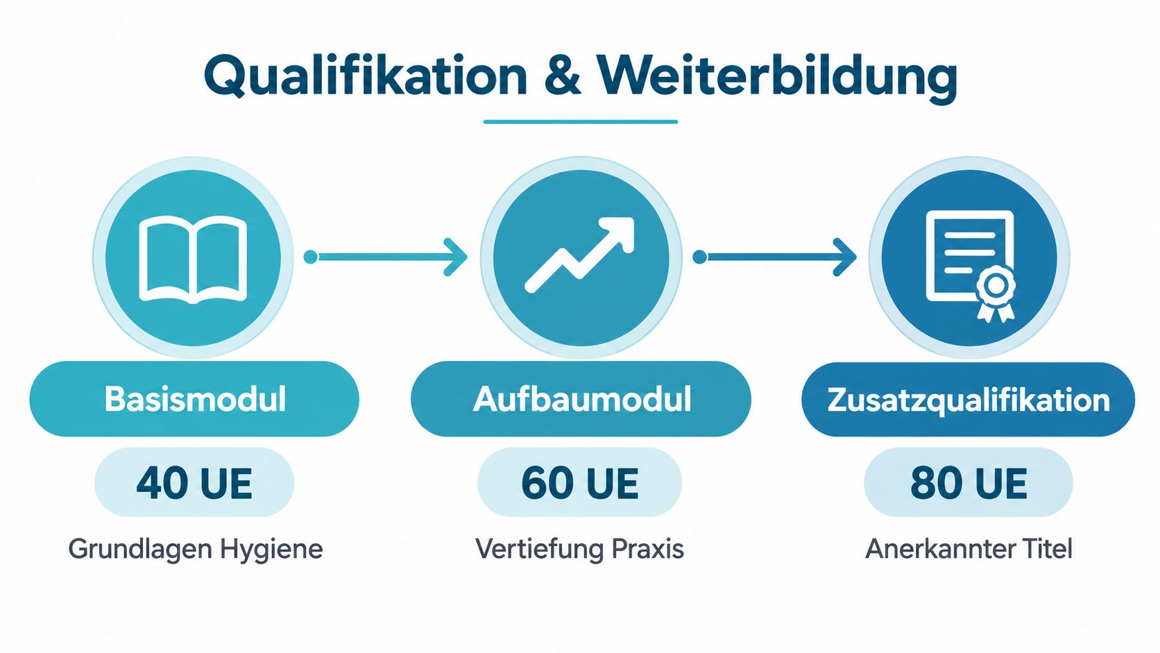 Grafik zur Qualifikation und Weiterbildung als Hygienebeauftragter in der Pflege mit drei Modulen und deren Unterrichtseinheiten.