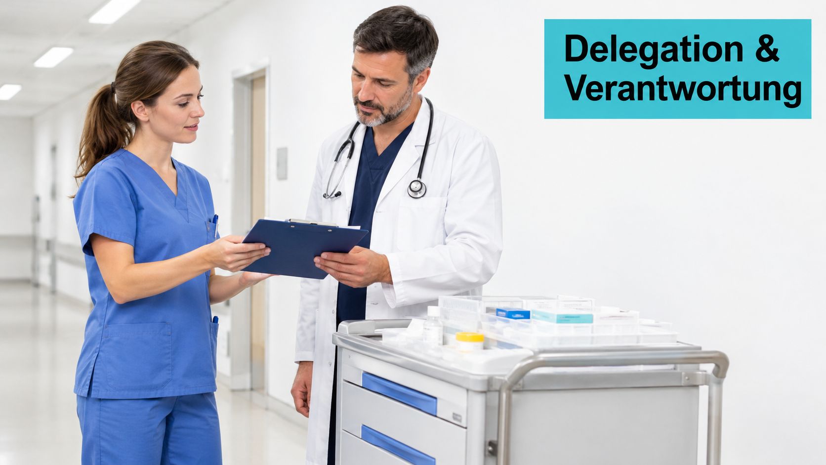Ein Arzt und eine Krankenschwester stehen im Krankenhausflur und besprechen gemeinsam eine Patientenakte auf einem Klemmbrett.