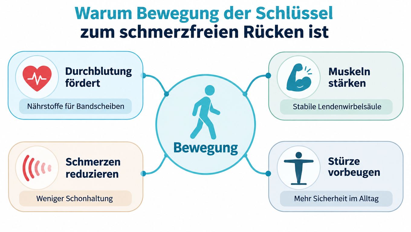 Grafik zeigt vier gesundheitliche Vorteile von körperlicher Bewegung für einen schmerzfreien Rücken und eine stabile Wirbelsäule.