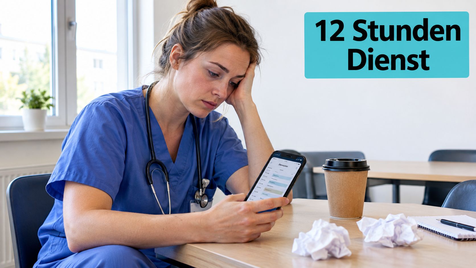 Erschöpfte Krankenschwester in Arbeitskleidung blickt müde auf ihr Smartphone in einer hellen Pausenraum-Umgebung.