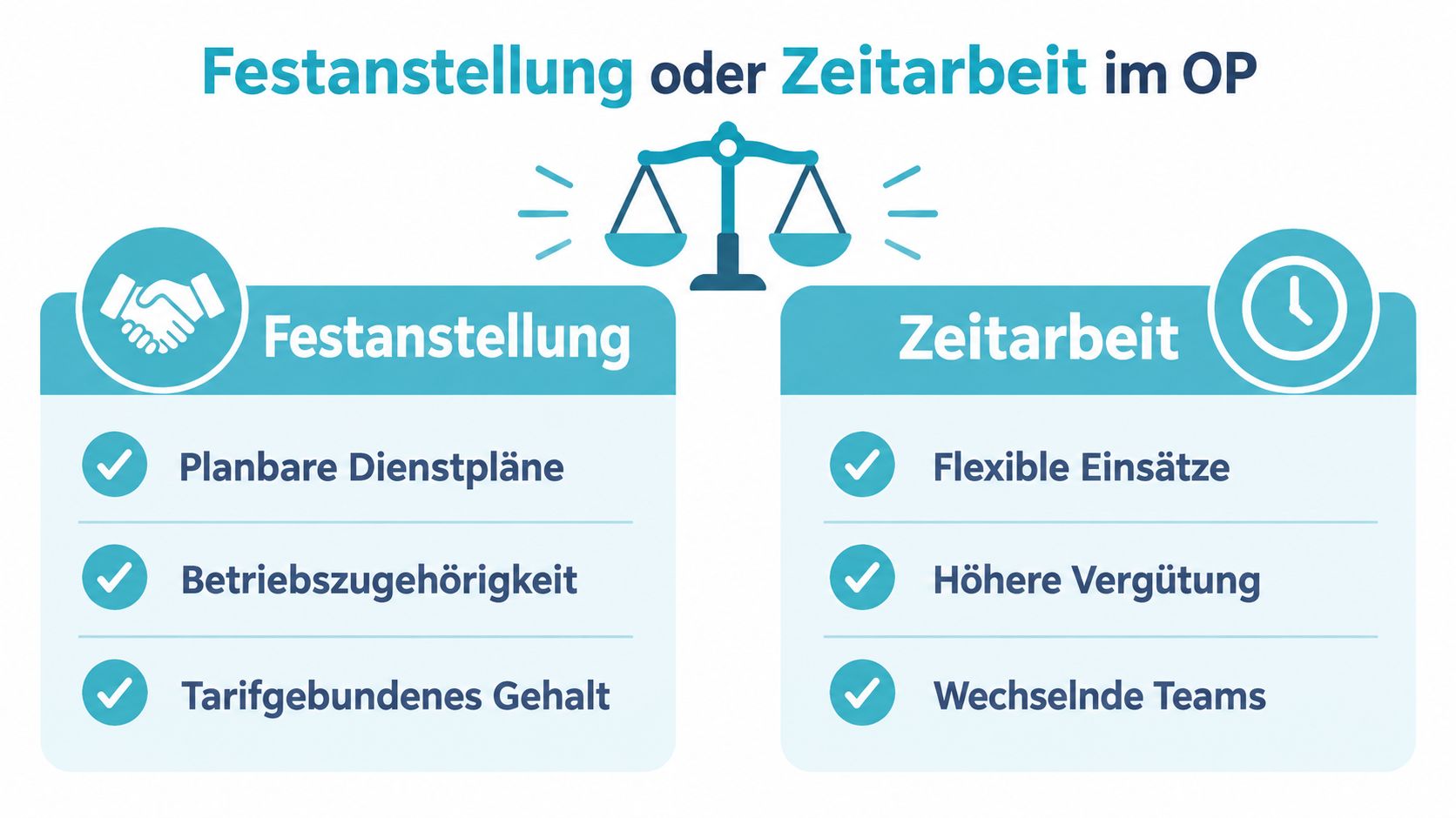 Vergleich zwischen Festanstellung und Zeitarbeit für medizinisches Personal im Operationssaal auf einer übersichtlichen Infografik dargestellt.