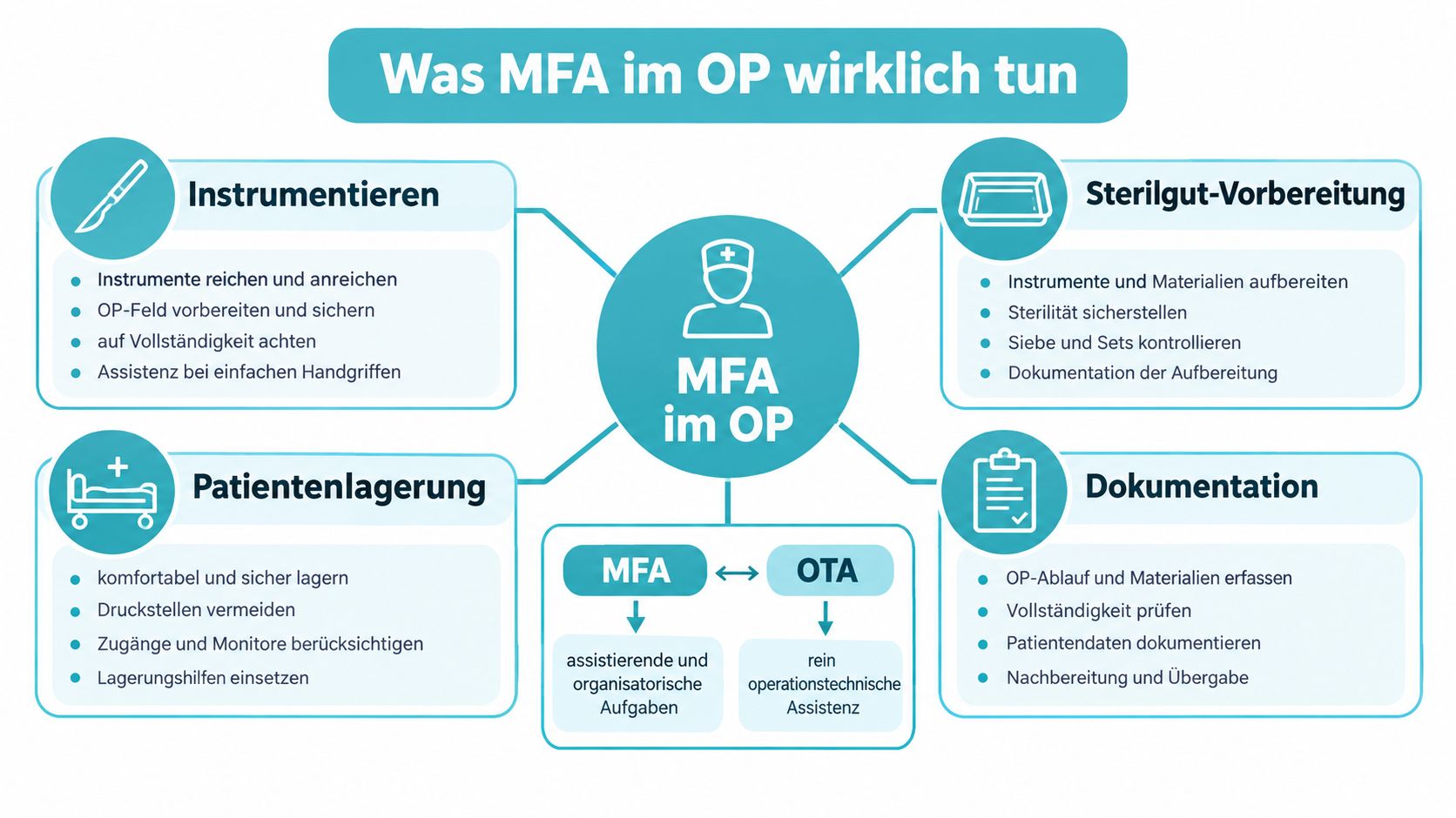 Übersichtsgrafik über die verschiedenen Aufgabenbereiche einer Medizinischen Fachangestellten im Operationssaal, inklusive Instrumentierung, Sterilgutaufbereitung, Patientenlagerung und Dokumentation.