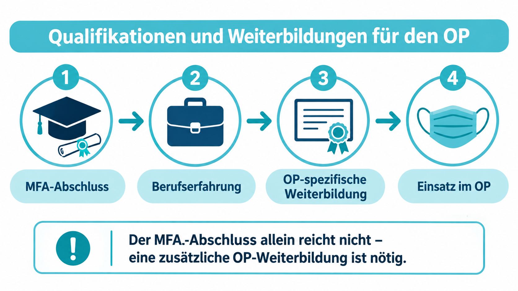 Grafik über den Weg zur OP-Assistenz für Medizinische Fachangestellte in vier Schritten mit notwendiger Weiterbildung.