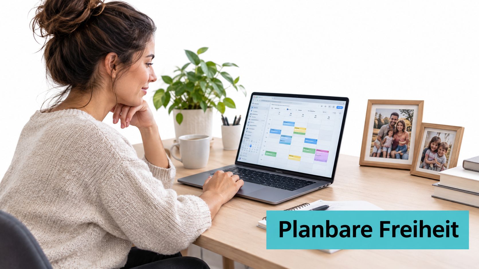 Eine Frau arbeitet an ihrem Laptop in einem hellen Büro, wobei sie ihren Terminkalender online organisiert.