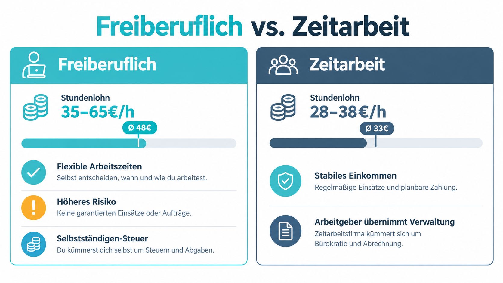 Ein Vergleichsgrafik zwischen freiberuflicher Tätigkeit und Zeitarbeit mit Stundensätzen, Vor- und Nachteilen für Hebammen.