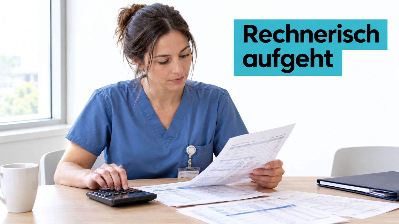 Eine Pflegekraft sitzt am Schreibtisch und rechnet sorgfältig Arbeitsunterlagen oder Rechnungen mit einem Taschenrechner aus.