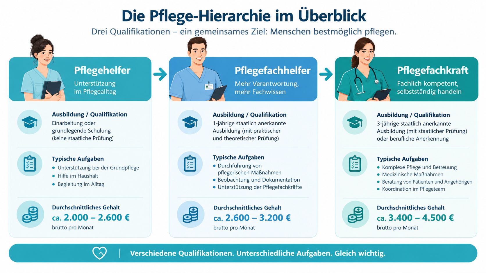 Übersicht der Pflege-Hierarchie mit den Qualifikationen Pflegehelfer, Pflegefachhelfer und Pflegefachkraft inklusive Ausbildung, Aufgaben und Gehalt.