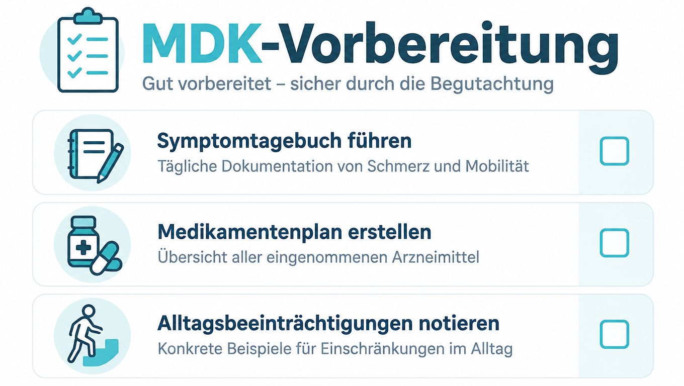 Eine Checkliste zur Vorbereitung auf die MDK-Begutachtung für Pflegebedürftige mit Tipps zur Dokumentation von Symptomen, Medikamenten und Alltagseinschränkungen.