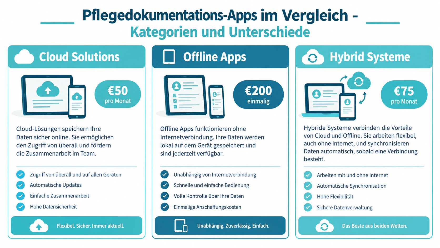 Vergleich von Pflegedokumentations-Apps in den Kategorien Cloud-Lösungen, Offline-Apps und Hybride Systeme mit Kosten und Vorteilen.