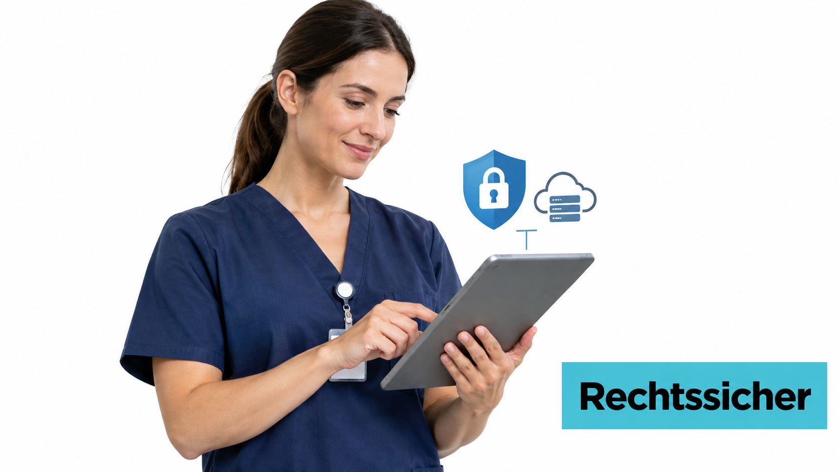 Eine Pflegerin benutzt ein Tablet für eine rechtssichere digitale Pflegedokumentation mit Cloud-Speicher und hoher Datensicherheit.