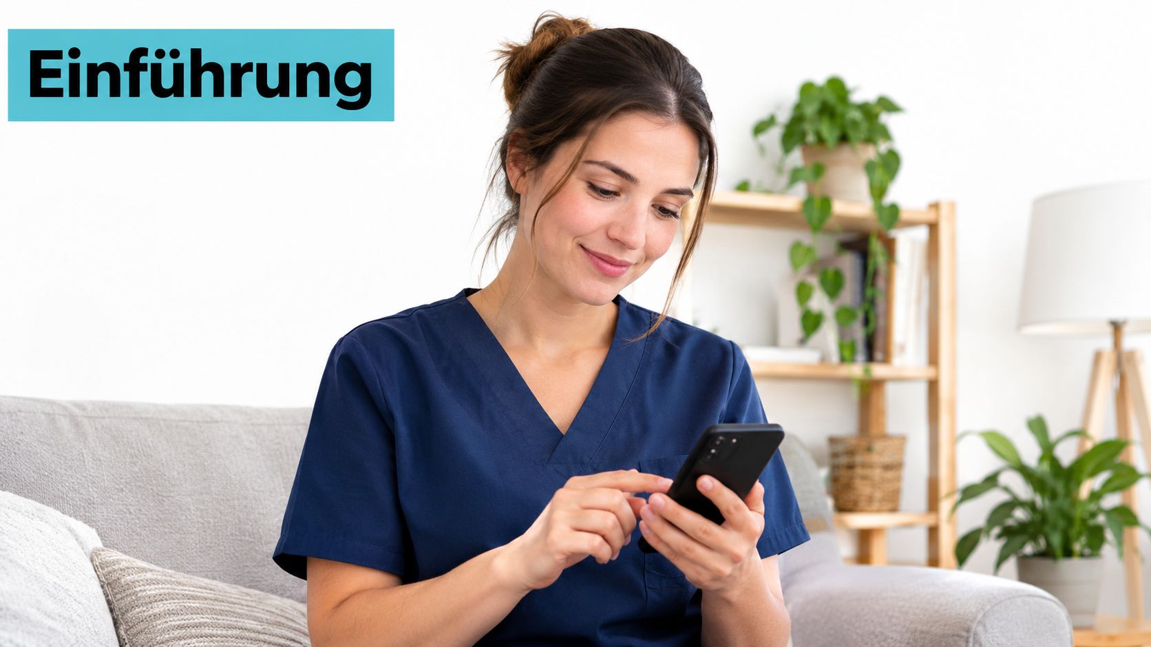 Eine junge Pflegerin in dunkelblauer Arbeitskleidung betrachtet lächelnd ihr Smartphone auf dem Sofa.