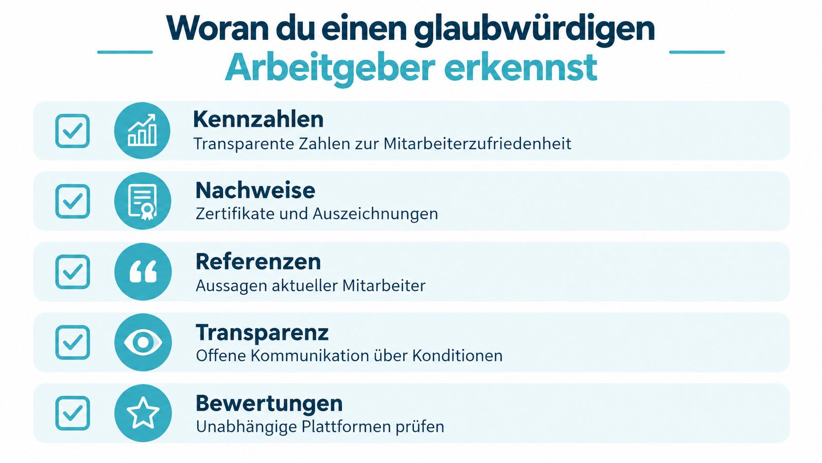 Eine Infografik, die fünf wichtige Merkmale für die Identifizierung eines glaubwürdigen und transparenten Arbeitgebers übersichtlich zusammenfasst.