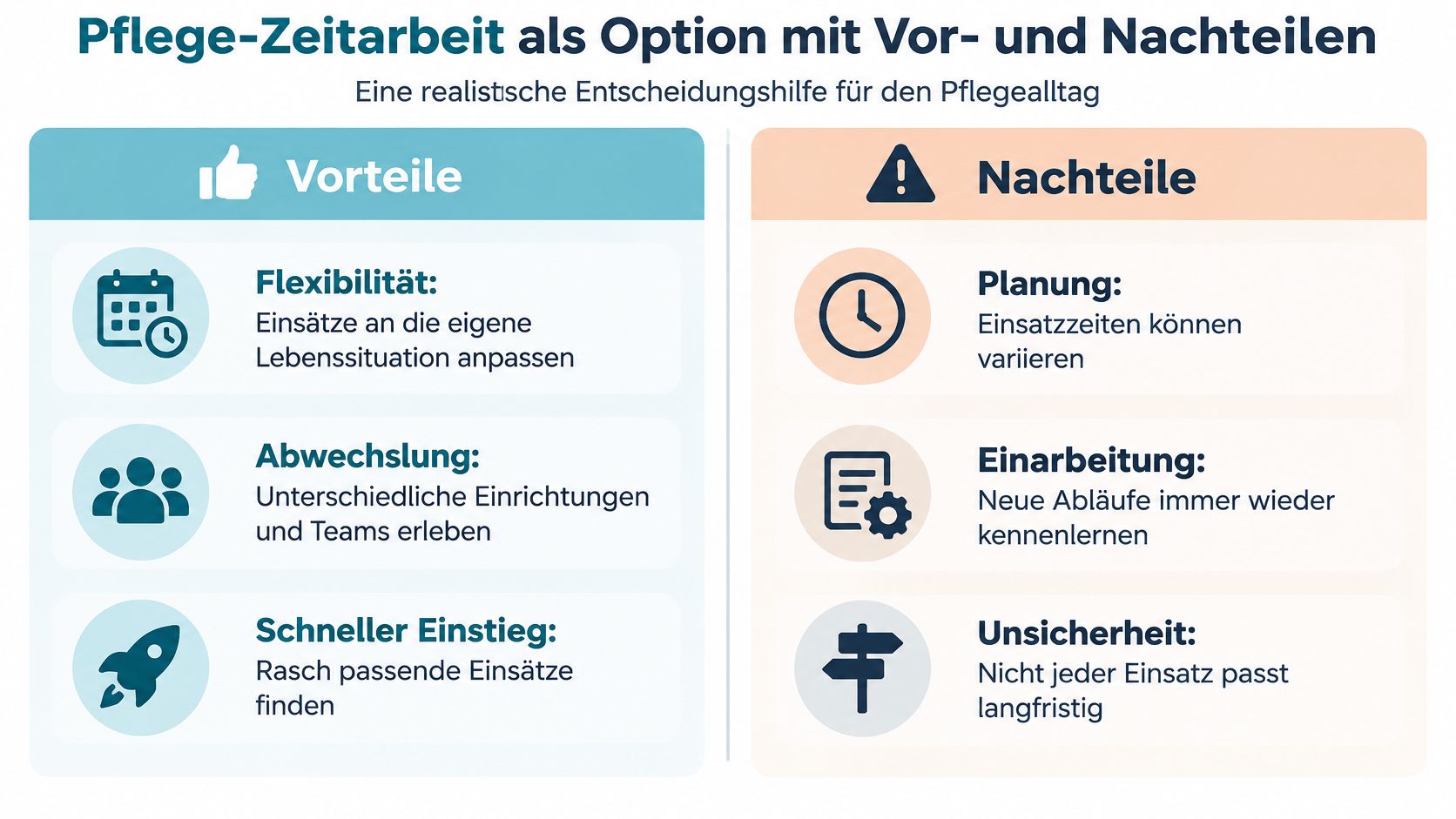 Eine Übersichtsgrafik mit Vor- und Nachteilen der Zeitarbeit in der Pflege zur Unterstützung bei Karriereentscheidungen.
