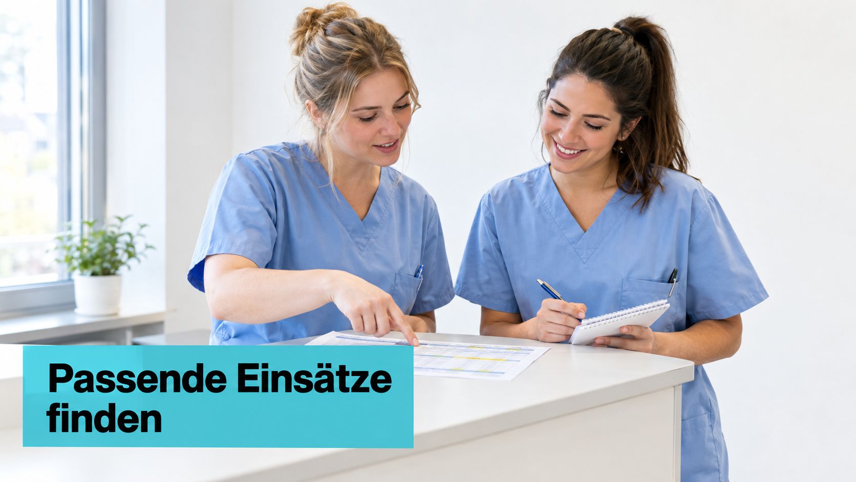 Zwei freundliche Pflegekräfte in blauen Uniformen betrachten gemeinsam einen Dienstplan an einem hellen Empfangstresen in einer Klinik.