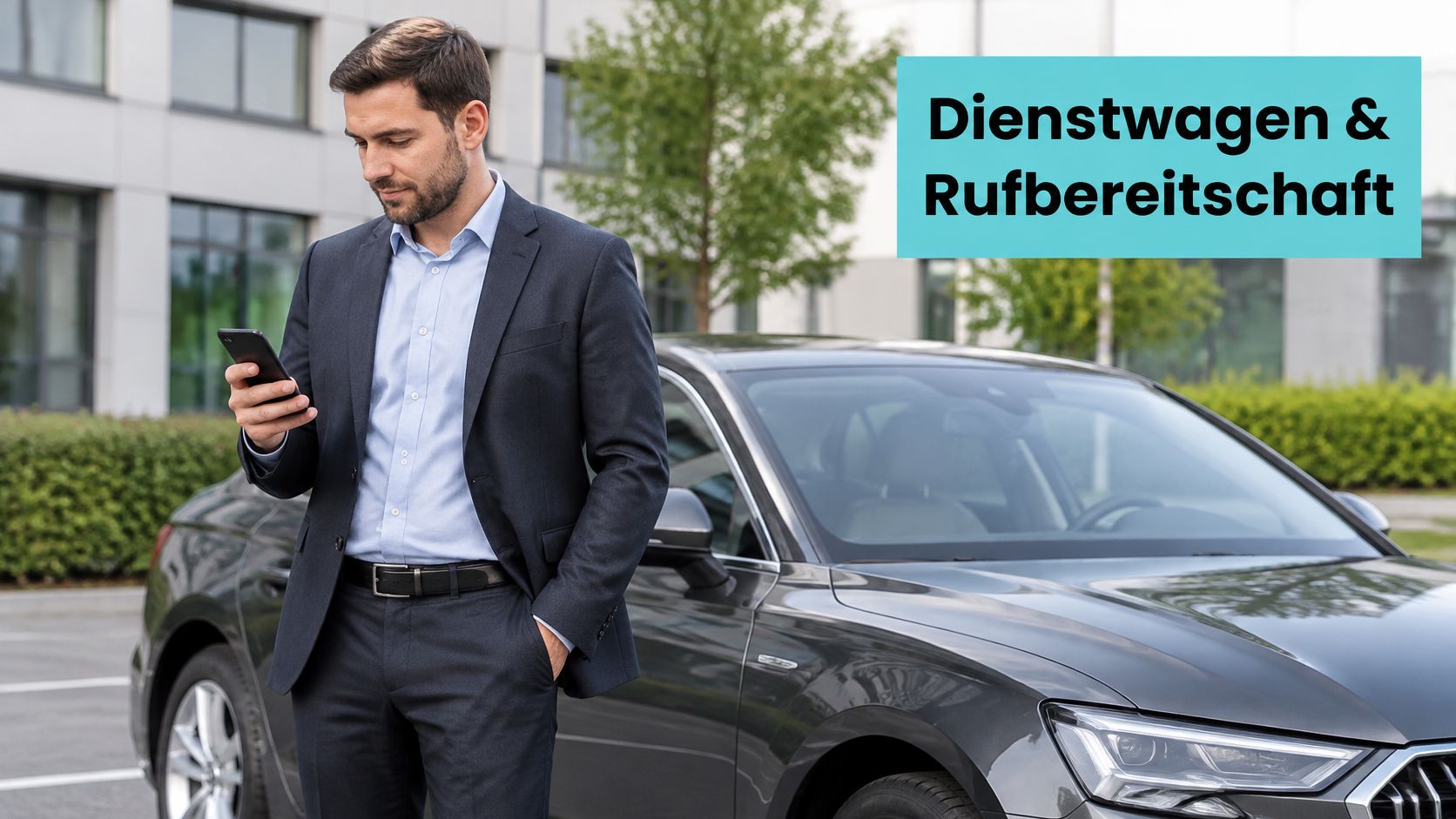 Ein Geschäftsmann im Anzug nutzt sein Smartphone vor einem Firmenwagen im Freien bei Tageslicht.