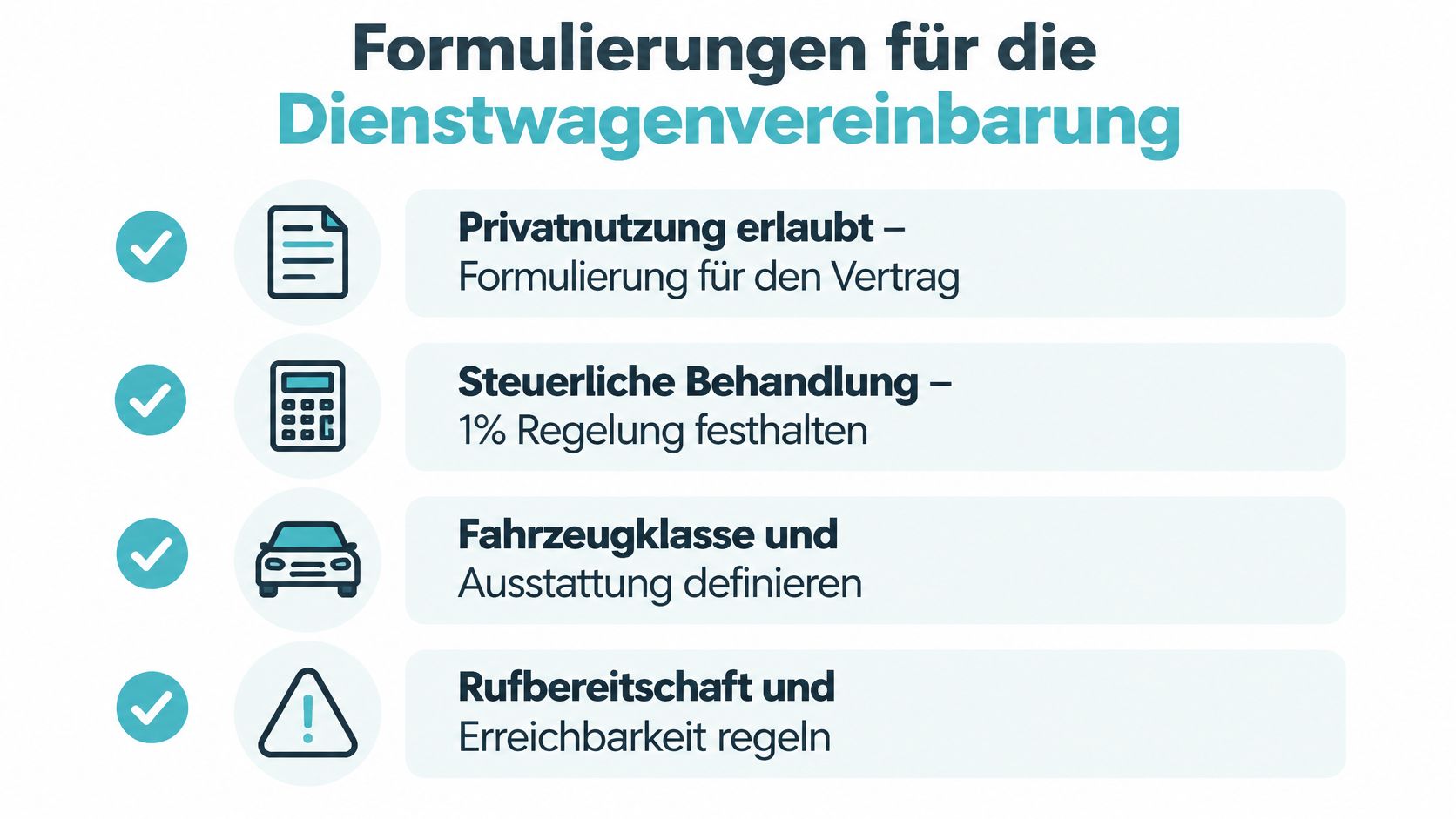 Eine Infografik mit vier Punkten zur Gestaltung von Dienstwagenvereinbarungen, inklusive Privatnutzung, steuerlicher Regelung, Ausstattung und Rufbereitschaft.