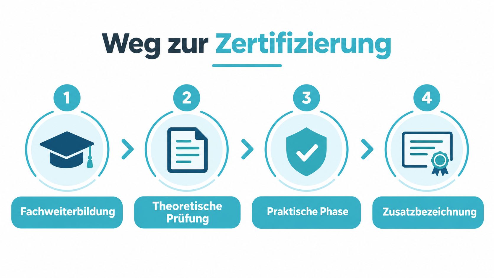 Eine grafische Darstellung der vier Schritte zur Erlangung einer medizinischen Zertifizierung oder Zusatzbezeichnung für Fachkräfte.